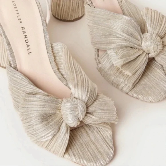 LOEFFLER RANDALL Camellia Platinum Gold Pleated Knot Bow Sandals - Picture 2 of 10